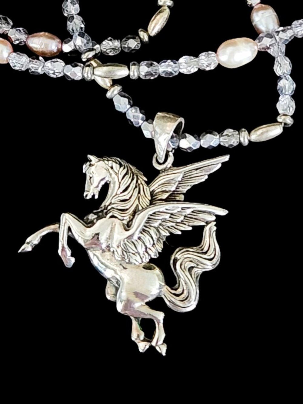 VTG 80s Sterling Silver 925 Pegasus Winged Horse Pendant Mixed Media Necklace